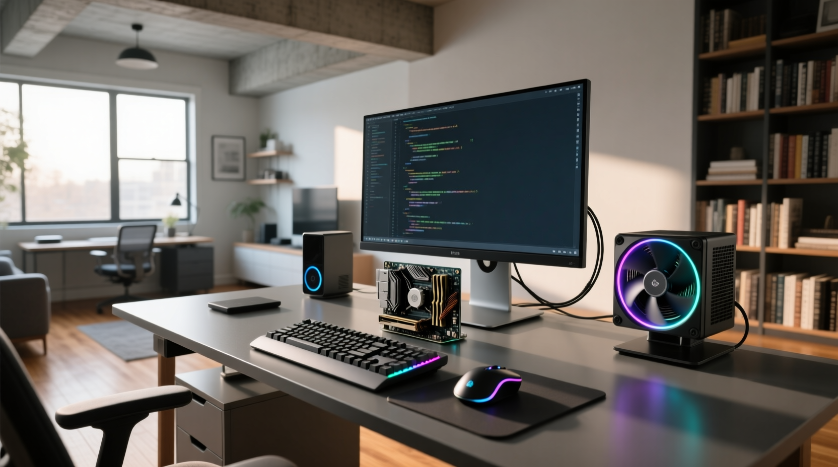 Neural Gem compact AI device — sleek mini-ITX form factor on a modern desk