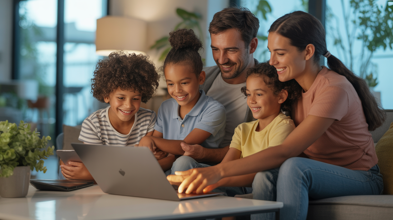 Family gathered together in living room using technology naturally